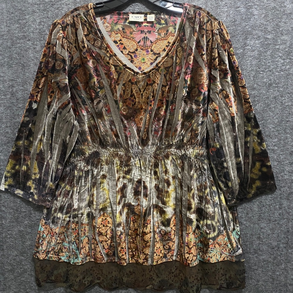 Cato Velvet Burnout Tunic Top Womens 18/20W Brown Sequin Lace Boho Whimsigoth